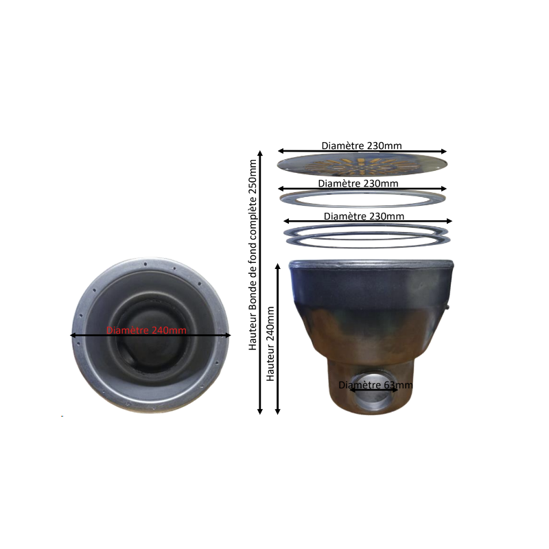 Bonde de fond inox Liner avec joints torique,bride et vis